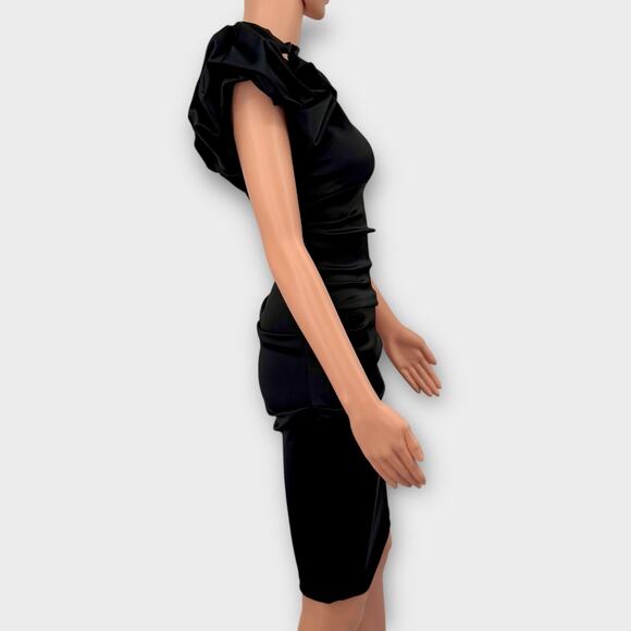 Cache Black Satin One Shoulder Ruched Cocktail Dress Size 4 Bow Accent Y2K Glam - Picture 7 of 16